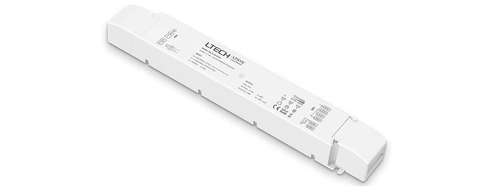0-10V/1-10V/10V PWM/RX/Push DIM, 0-100% Dim, CV 75W, 24Vdc 3.12A, 200-240Vac, IP20, 5yrs Warranty.